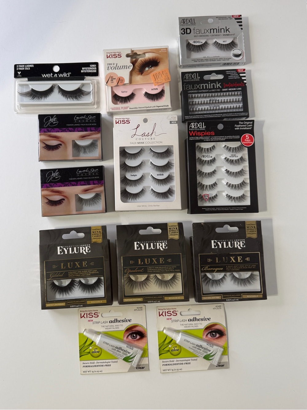 Mixed False Eyelash Lot with adhesive Ardell, Kiss, Eylure, Julie, Wet & Wild